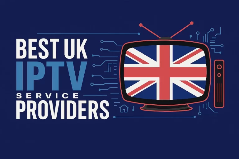 Promotional banner for the best IPTV services in the UK with a television displaying the Union Jack
