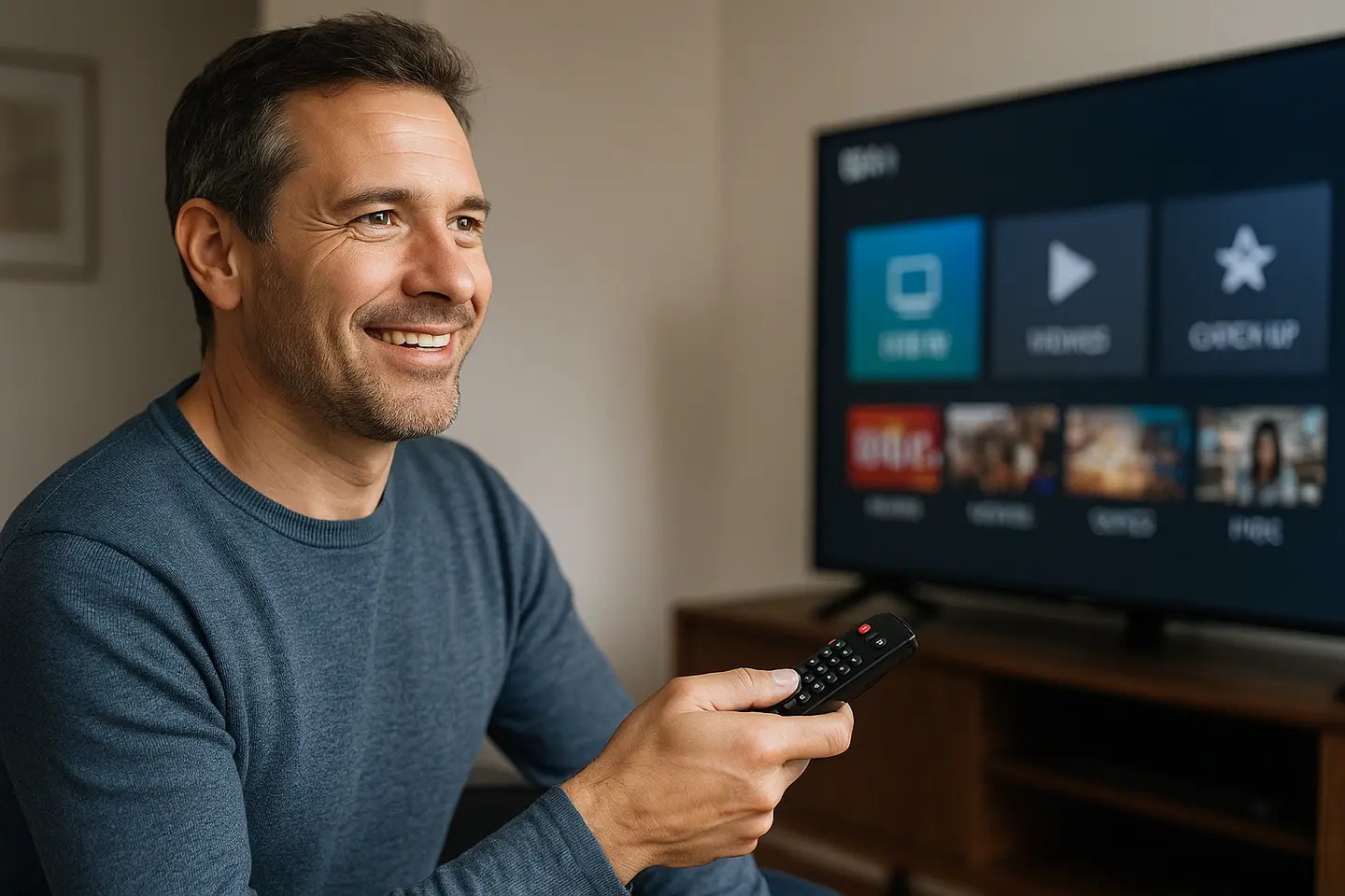 🖼️ Alt Text (required for SEO): Man enjoying IPTV Smarters Pro on Smart TV with intuitive IPTV app interface in the United Kingdom