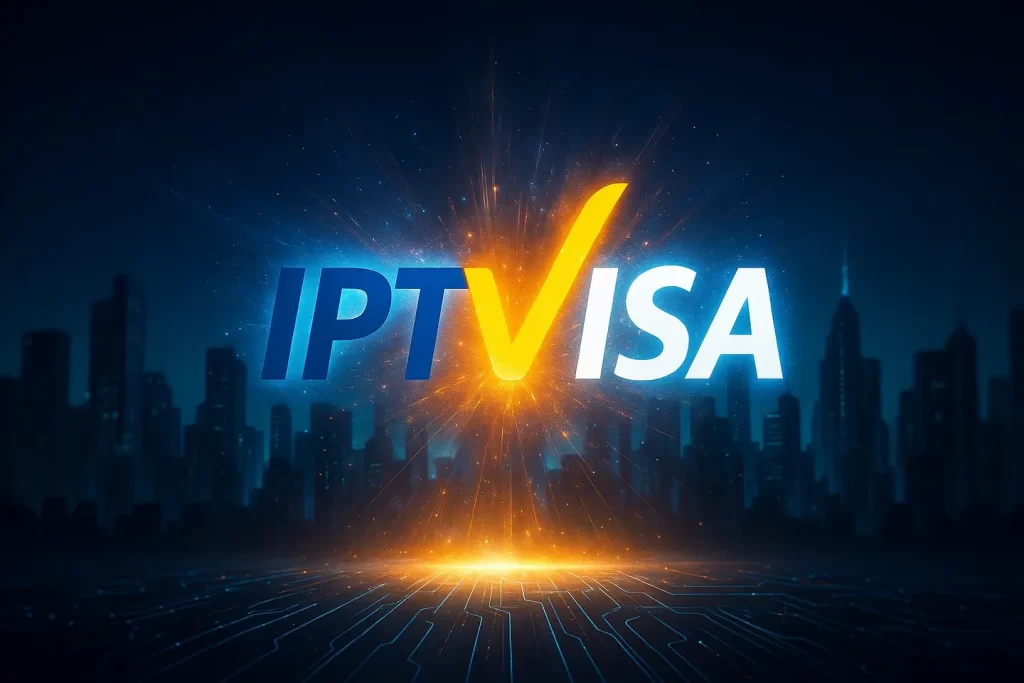Glowing IPTVISA logo above a futuristic city skyline, representing global IPTV innovation and streaming services