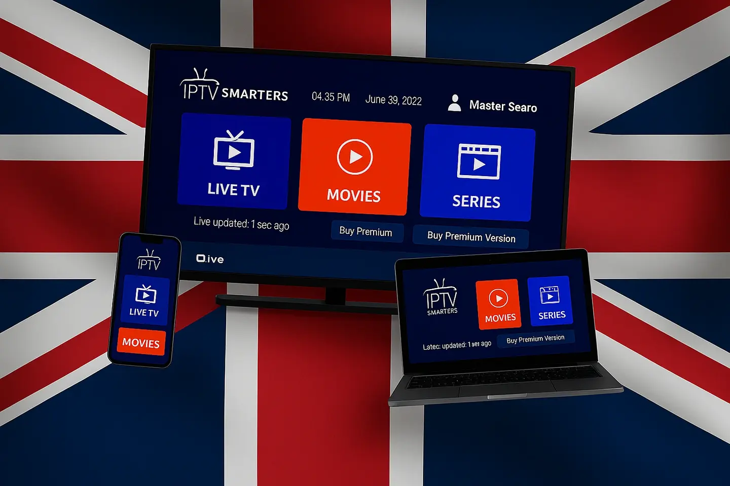 Smarters Player Pro app displayed on smart TV and devices, showing live TV, movies, and series options in the UK