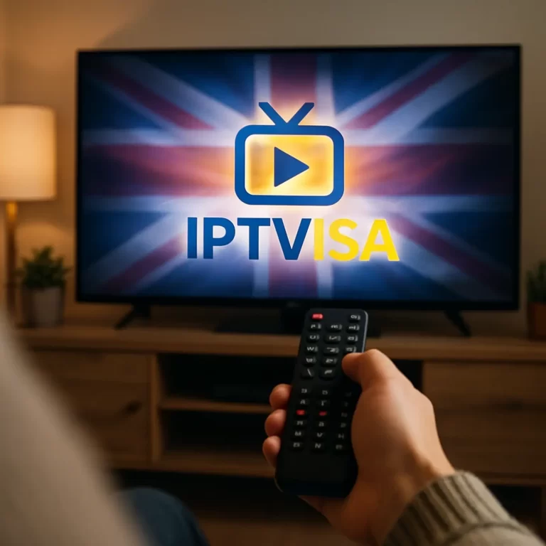 A person watching IPTV on a smart TV with the IPTV Visa logo on the screen and the Union Jack flag in the background, representing British IPTV services.