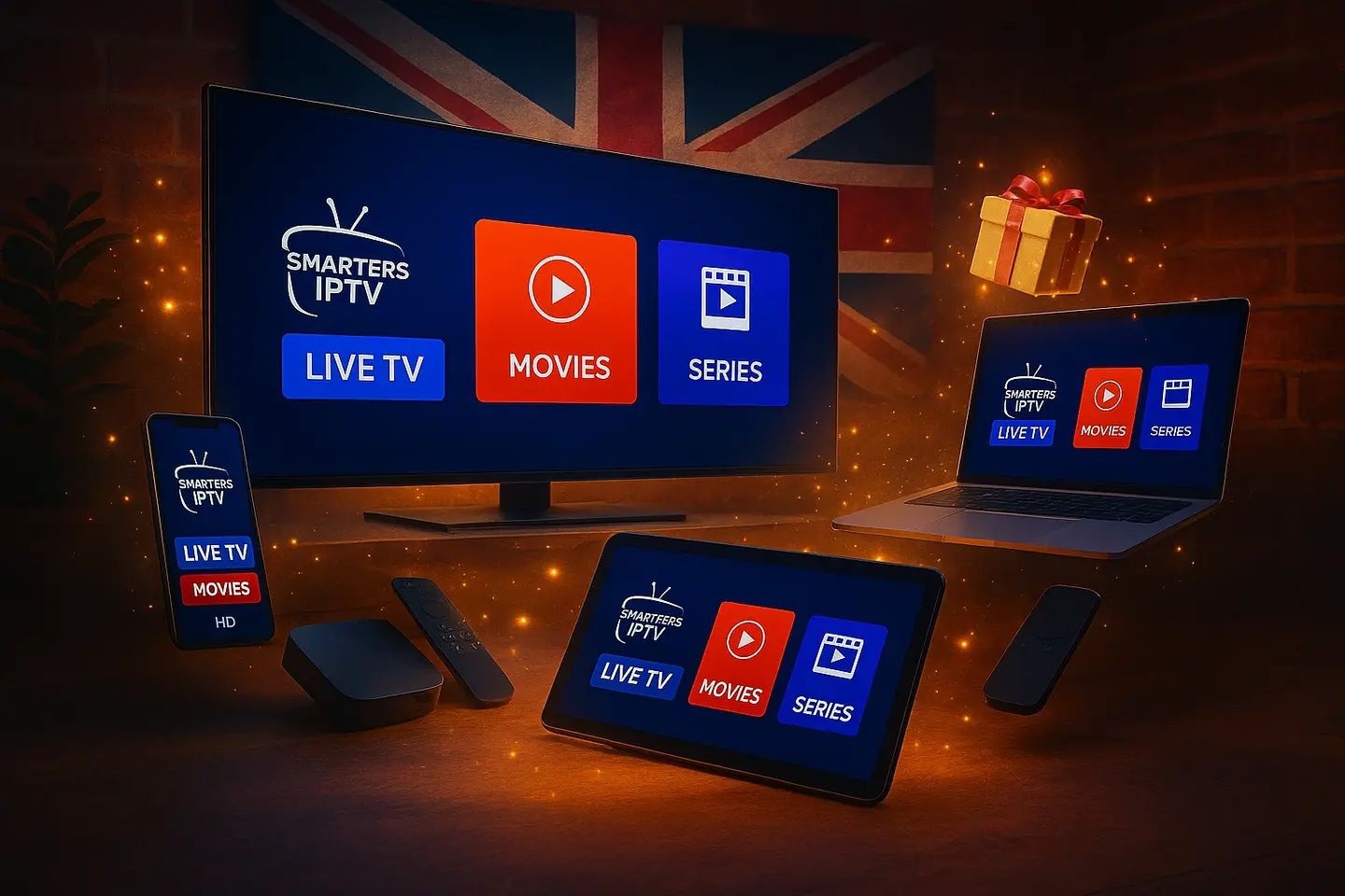 Multiple streaming devices displaying British IPTV interface with live TV, movies, and series options – Best British IPTV services in the UK