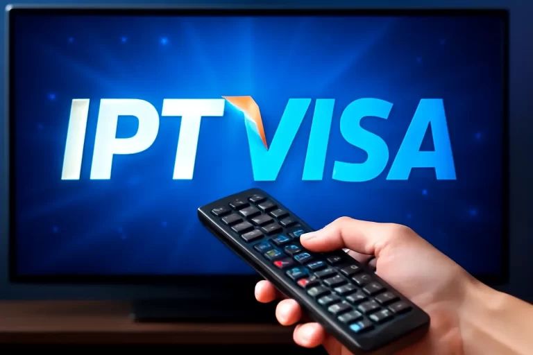 iPTVisa IPTV service displayed on TV screen with a remote control in front, showcasing IPTV viewing in Ireland