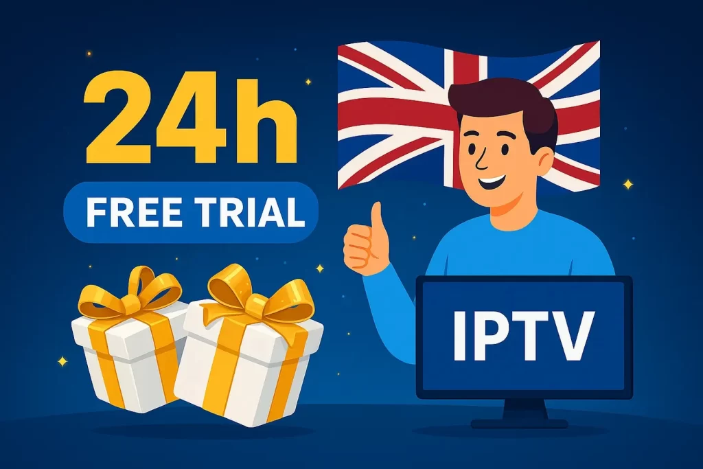 Illustration showing users enjoying British IPTV free trial in the UK with no credit card needed
