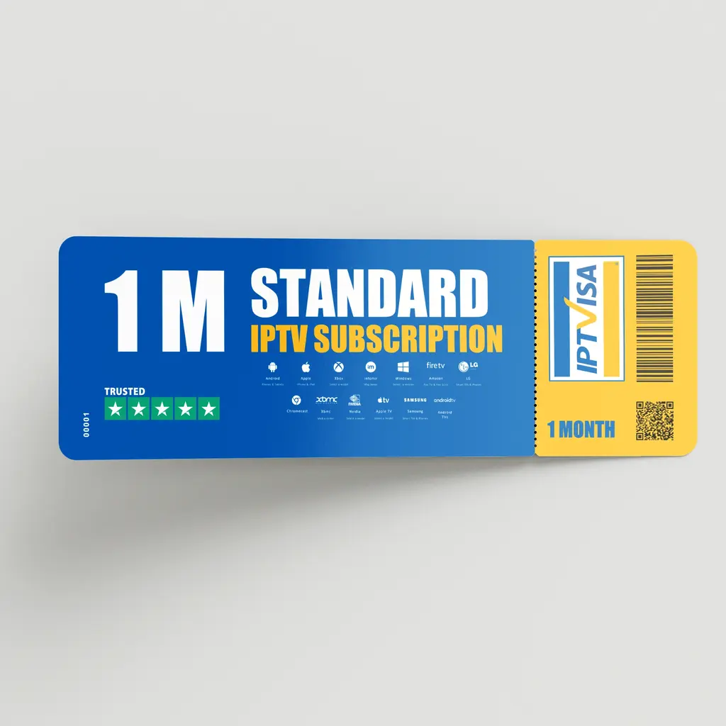 IPTVVisa 1-Month IPTV Subscription ticket design featuring IPTV Smarters Pro compatibility, British IPTV, and trusted streaming platforms