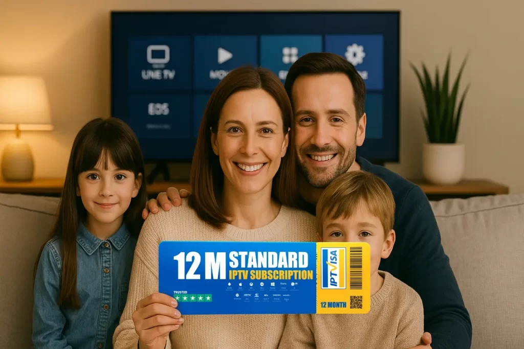 UK family holding a 12-month Europe IPTV subscription card from IPTVisa, compatible with IPTV Smarters Pro and ideal for British IPTV and IPTV UK users.