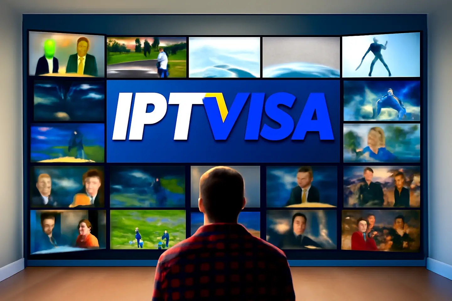 High-resolution image showing a man watching a large multi-panel IPTV display with various content, including news, sports, and superhero scenes. The IPTVISA logo is prominently featured at the center of the screen