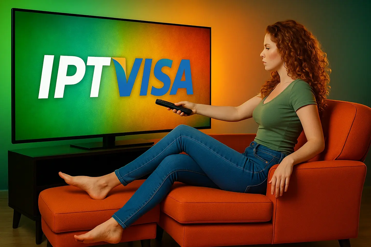 A woman sitting on an orange chair watching IPTVisa on a TV screen with an Irish flag color background – green, white, and orange.