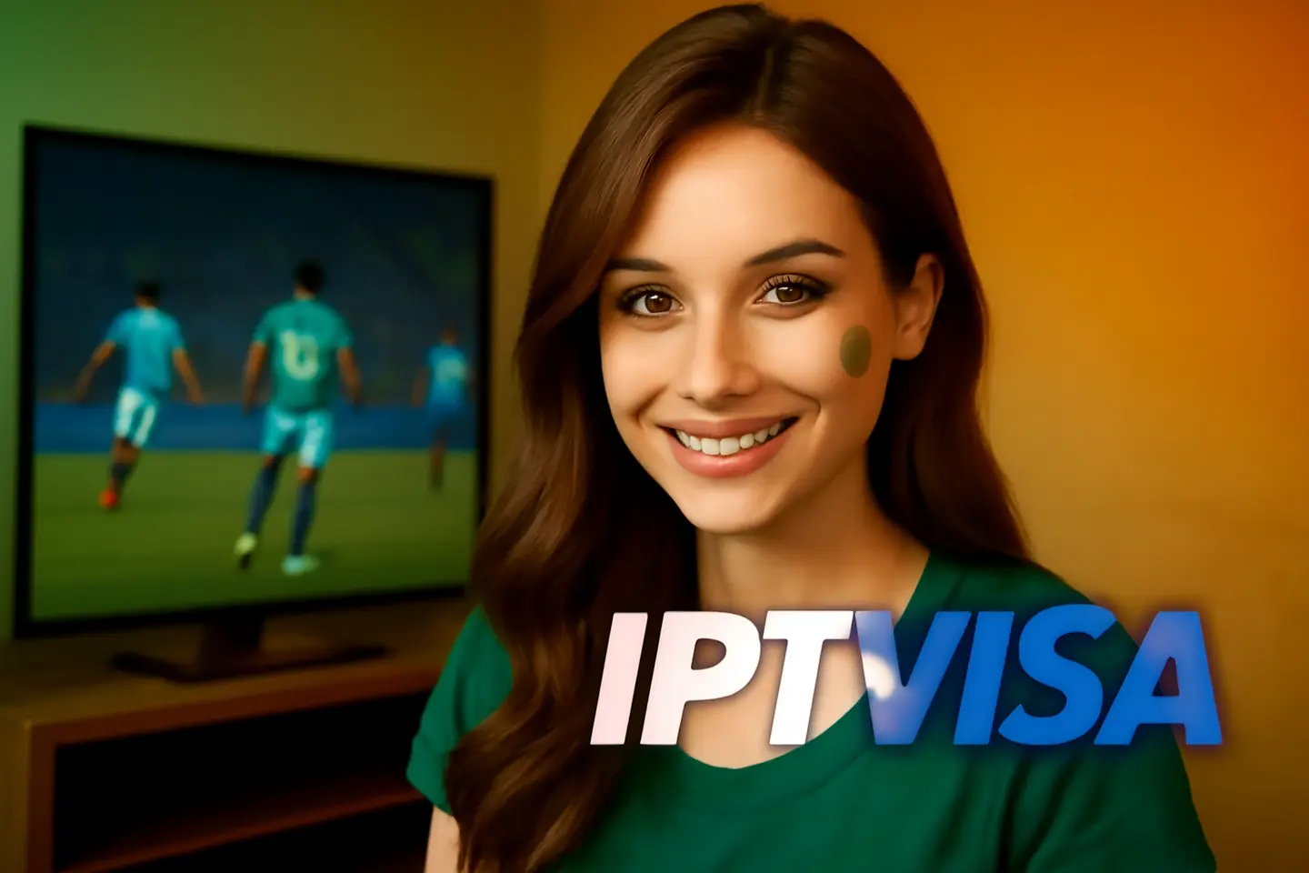 Woman with a green shirt enjoying a football match on TV with iPTVisa IPTV service, featuring the iPTVisa logo on the screen.