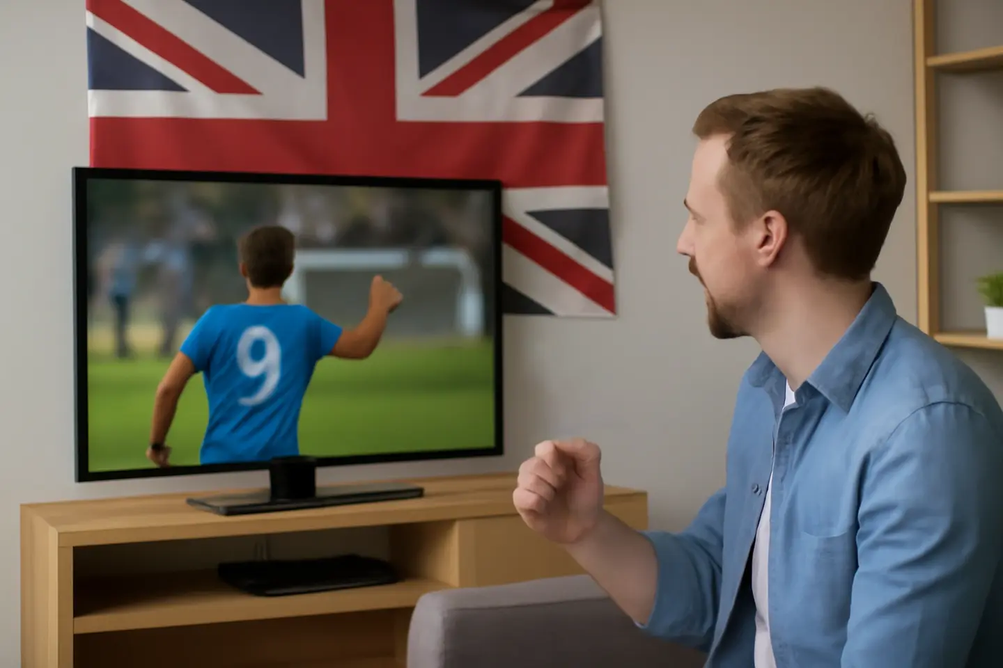 Man watching a soccer match on TV with a Union Jack flag in the background, representing UK IPTV subscription services