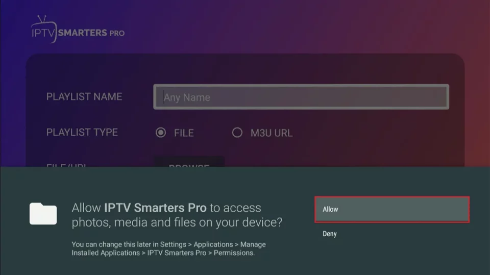 IPTV Smarters Pro app asking for permission to access photos, media, and files on your FireStick device, with the option to click Allow or Deny.