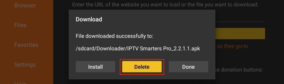 Deletion prompt for IPTV Smarters Pro APK file on FireStick, showing options to delete or keep the file after successful download