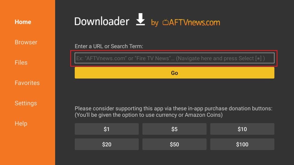 Downloader app home screen on FireStick showing the URL input field