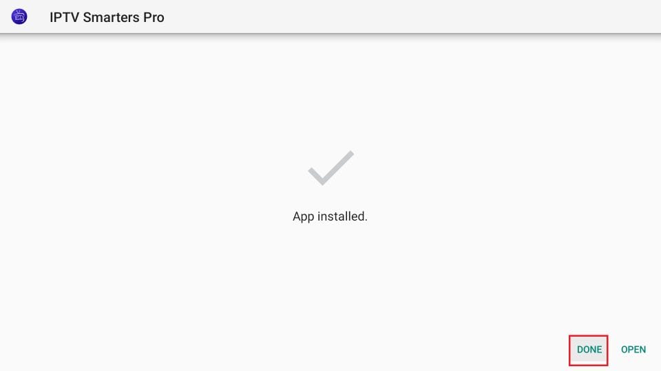 IPTV Smarters Pro app installation completed on FireStick with the options to open the app or select DONE to remove the APK file