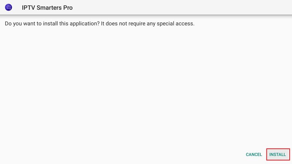 Installation prompt for IPTV Smarters Pro app on FireStick, asking if you want to install the app