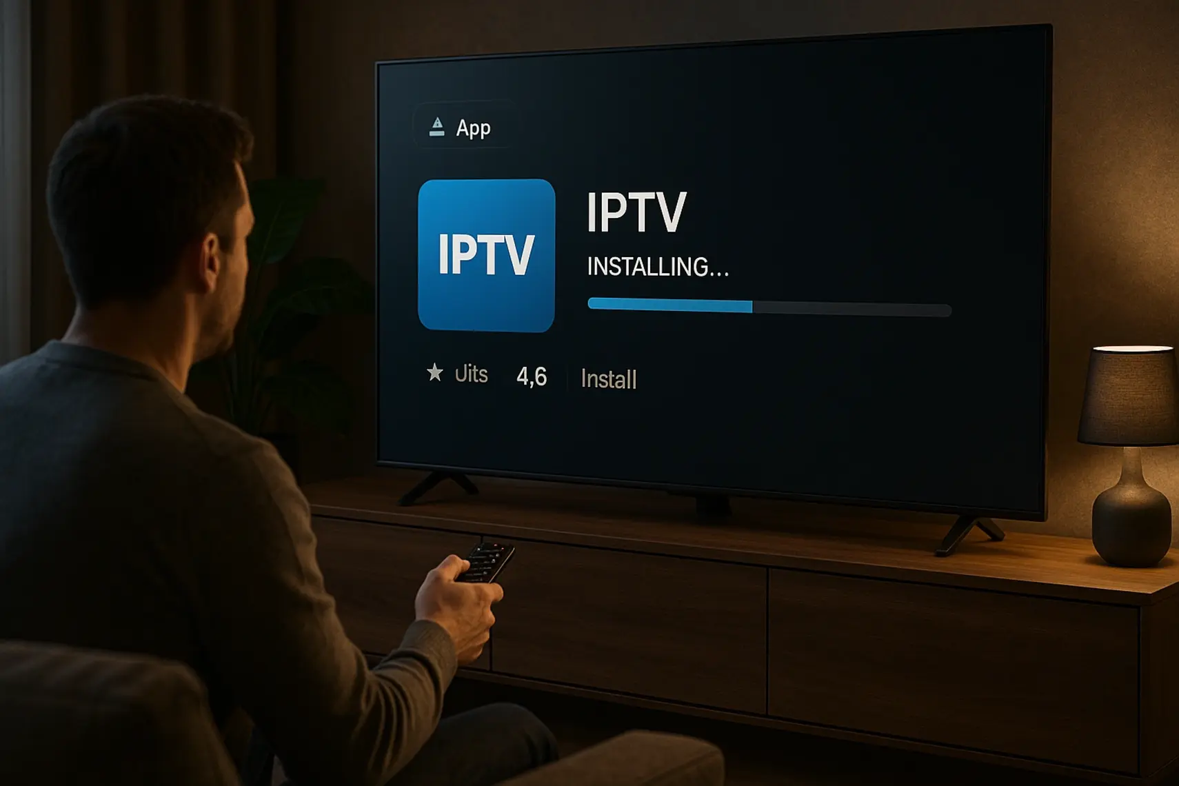 Person installing IPTV app on smart TV with remote control showing installation progress and 4.6 star rating