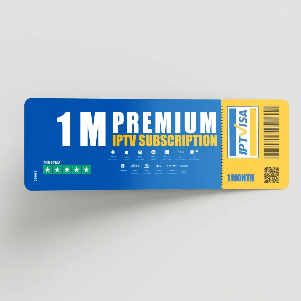 IPTVVisa 1-Month IPTV Subscription ticket design featuring IPTV Smarters Pro compatibility, British IPTV, and trusted streaming platforms
